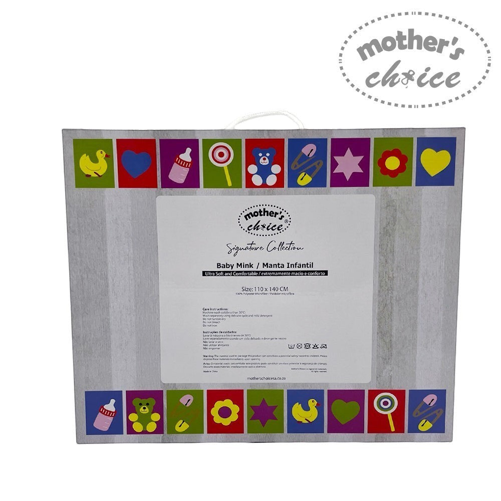 Baby blanket packaging with colorful icons and 'Mother's Choice' branding on a white background