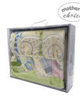 Baby blanket with baby shoes in a 'Mother's Choice' branded box on a white background
