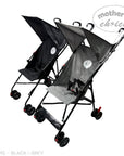 Black and gray stroller with 'Mother's Choice' branding on a white background