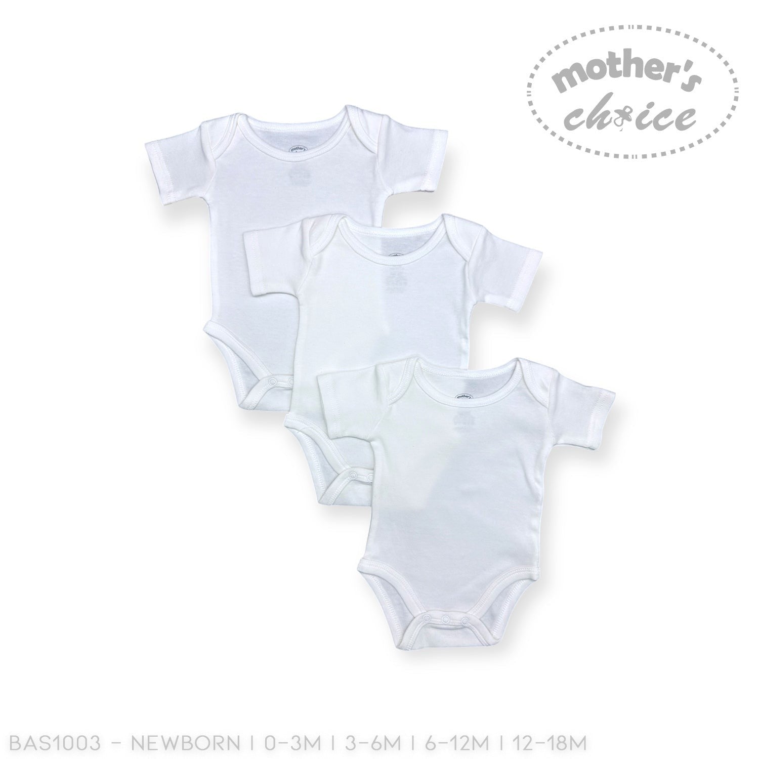 Three white baby bodysuits stacked on a white background with 'Mother's Choice' branding.