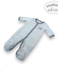 Baby onesie with gray trim on a white background, featuring 'Mother's Choice' branding.