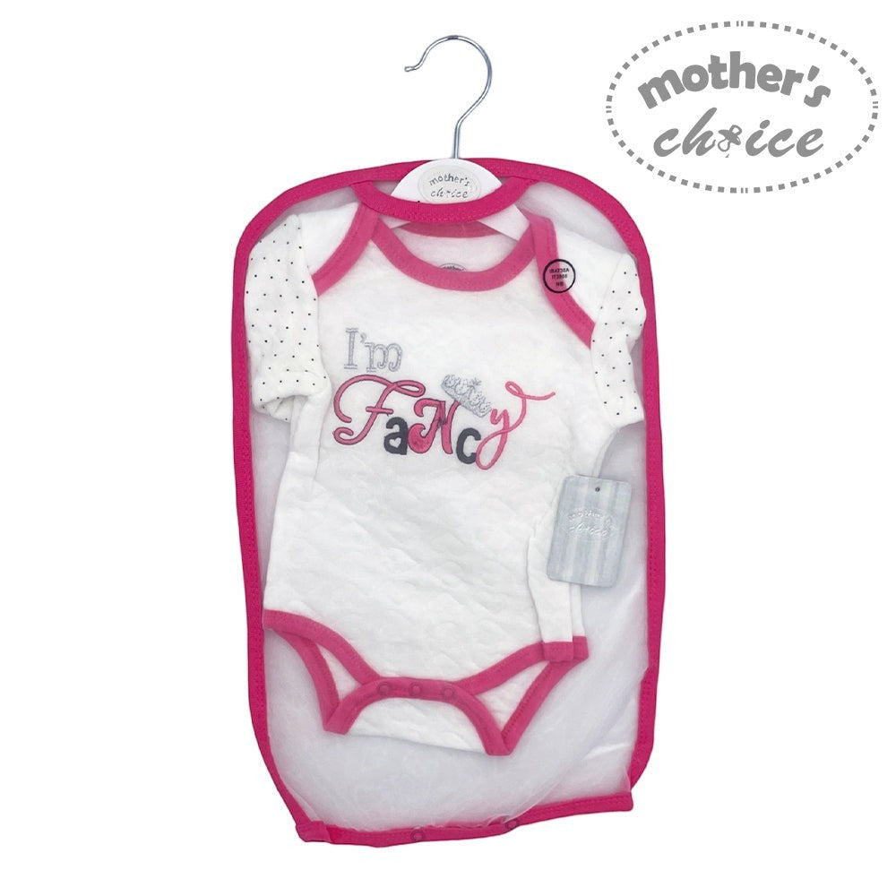 Baby onesie with pink accents and text in a packaging bag on a white background