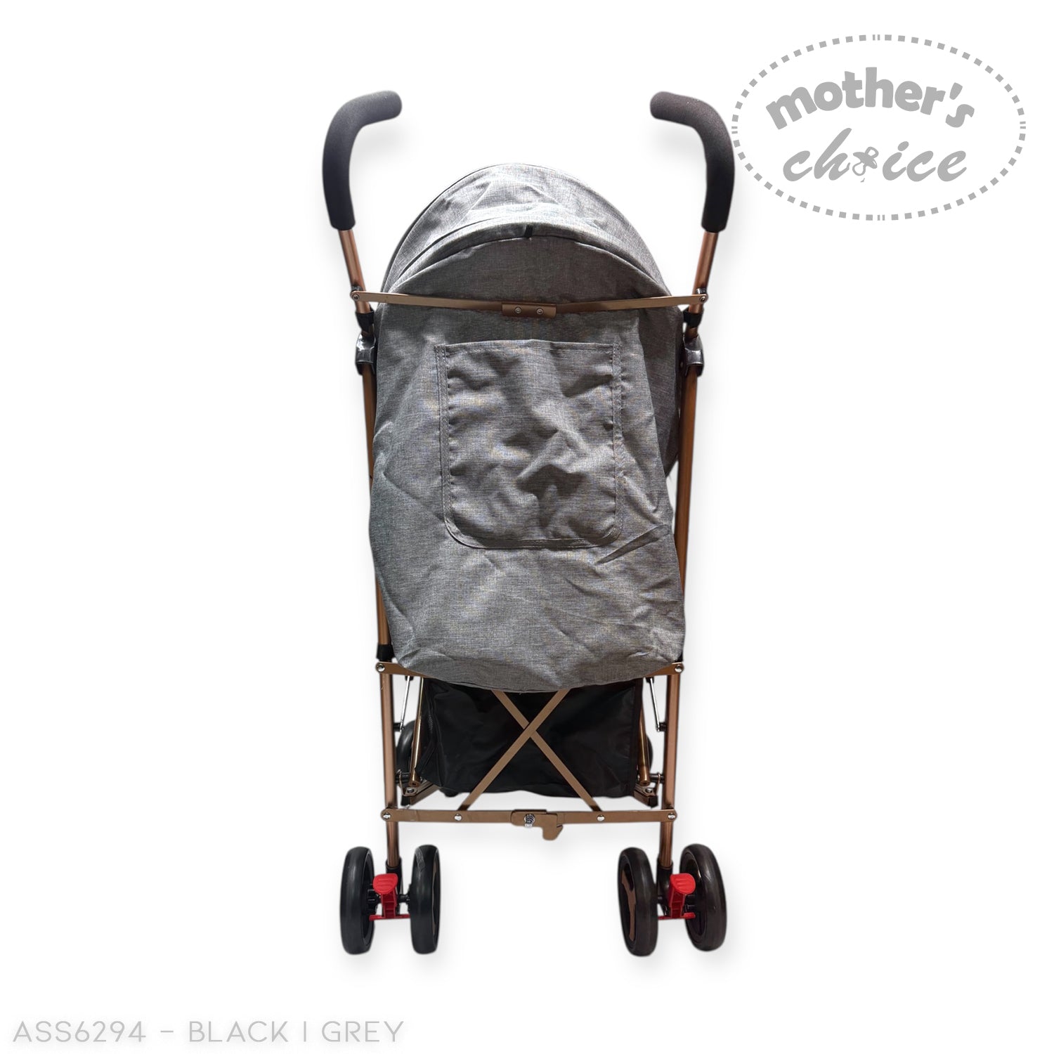 Stroller with a gray cover on a white background, featuring 'Mother's Choice' branding.