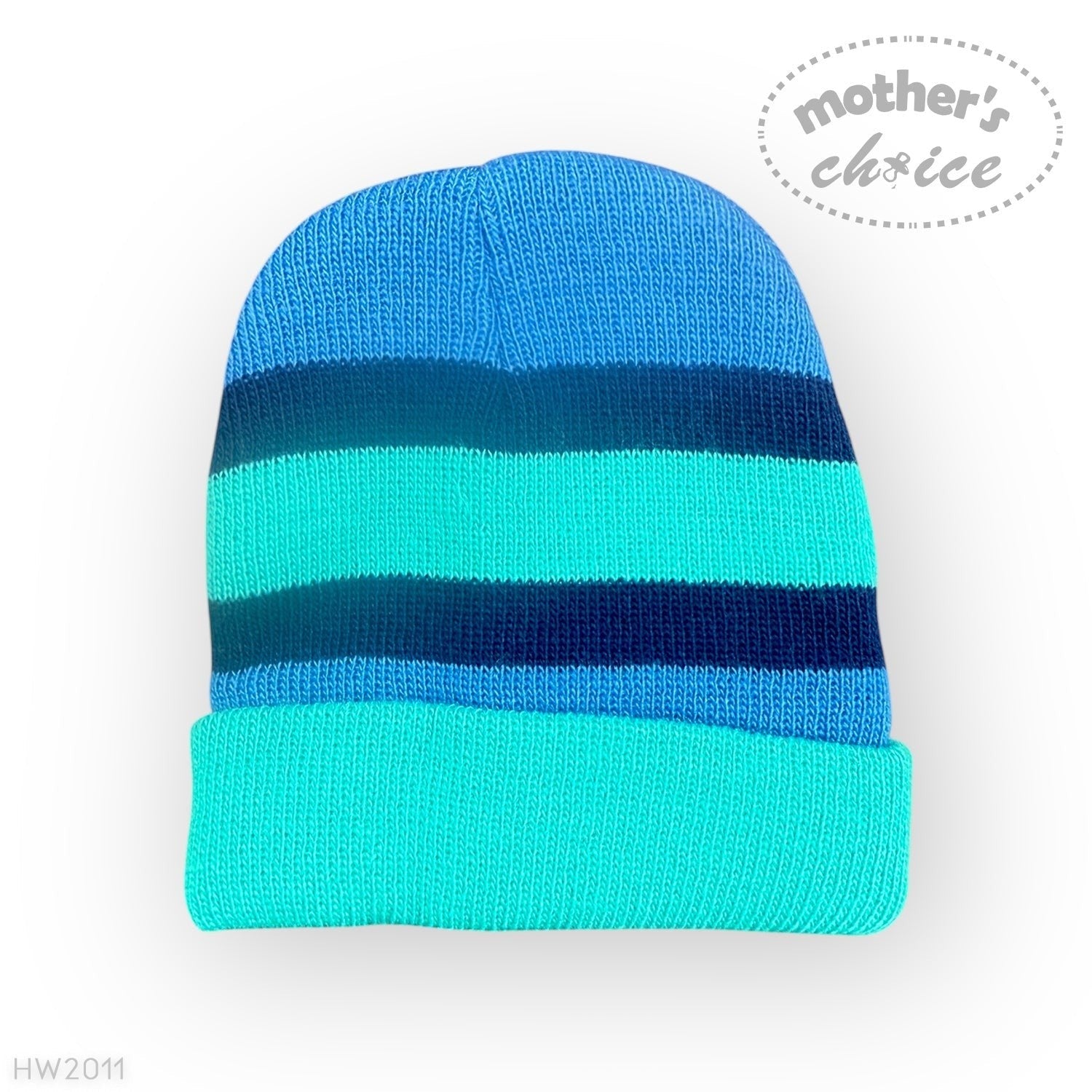 Blue and green striped beanie on a white background with 'mother's choice' branding.