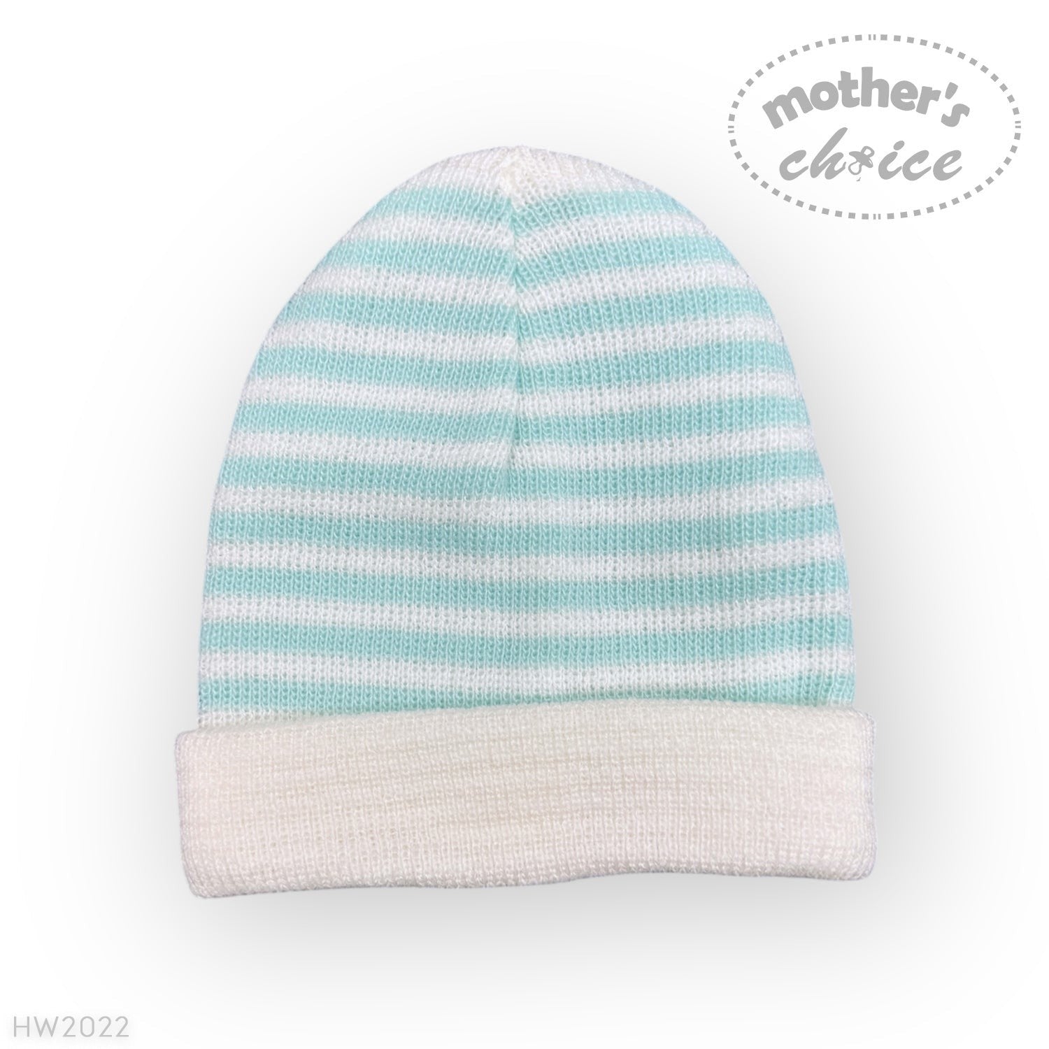 Striped baby hat with 'Mother's Choice' branding on a white background