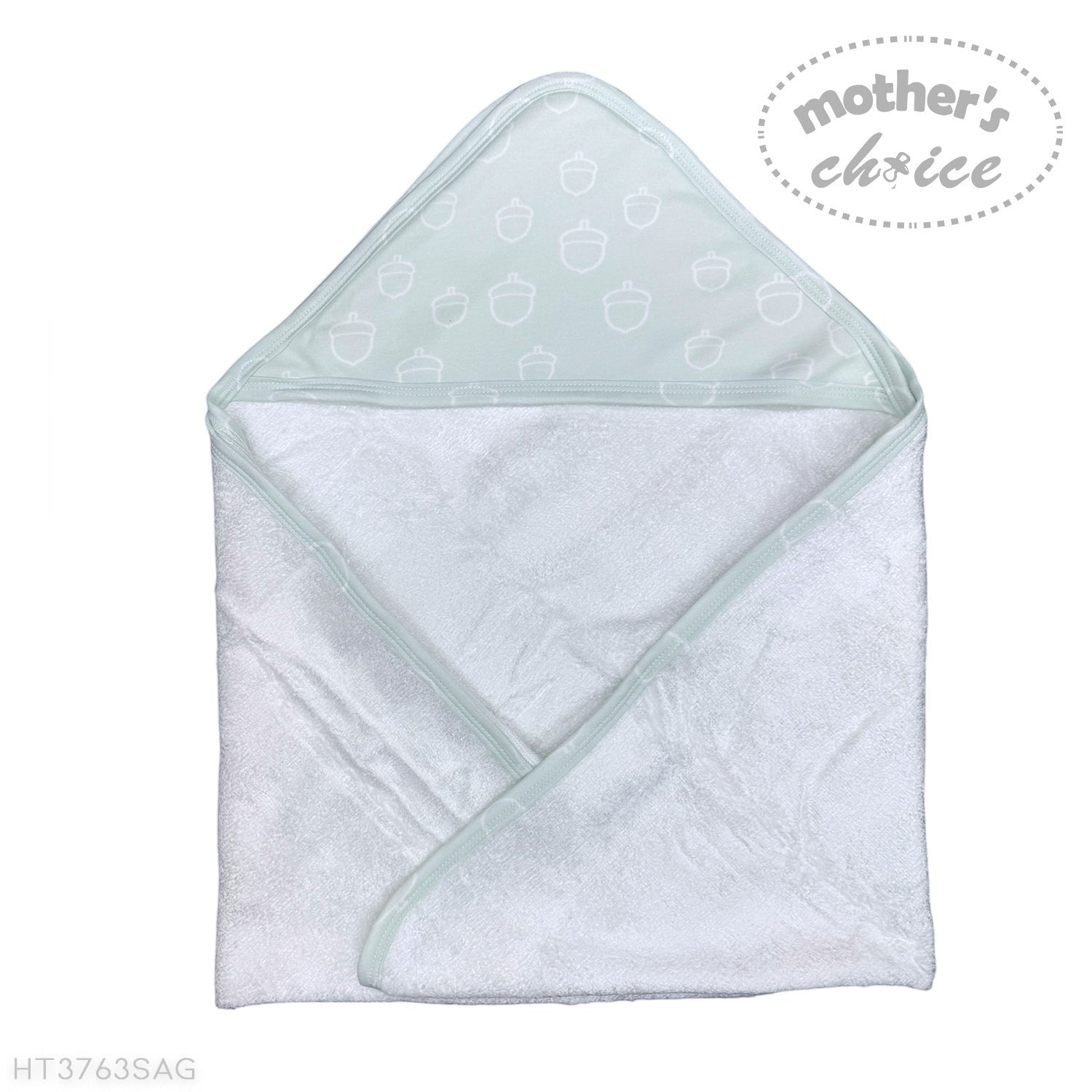 Folded baby towel with hood on a white background, branded 'Mother's Choice'.