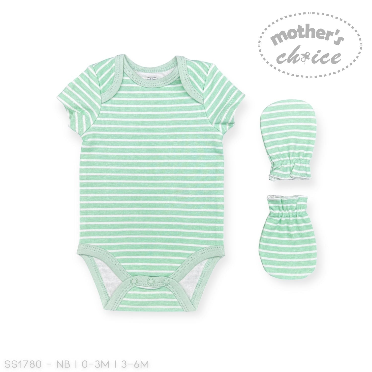Green and white striped baby bodysuit and hat set with 'Mother's Choice' branding on a white background.
