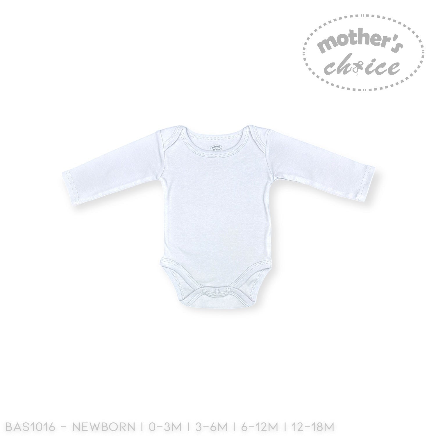 White baby bodysuit with long sleeves on a white background, featuring 'Mother's Choice' branding.