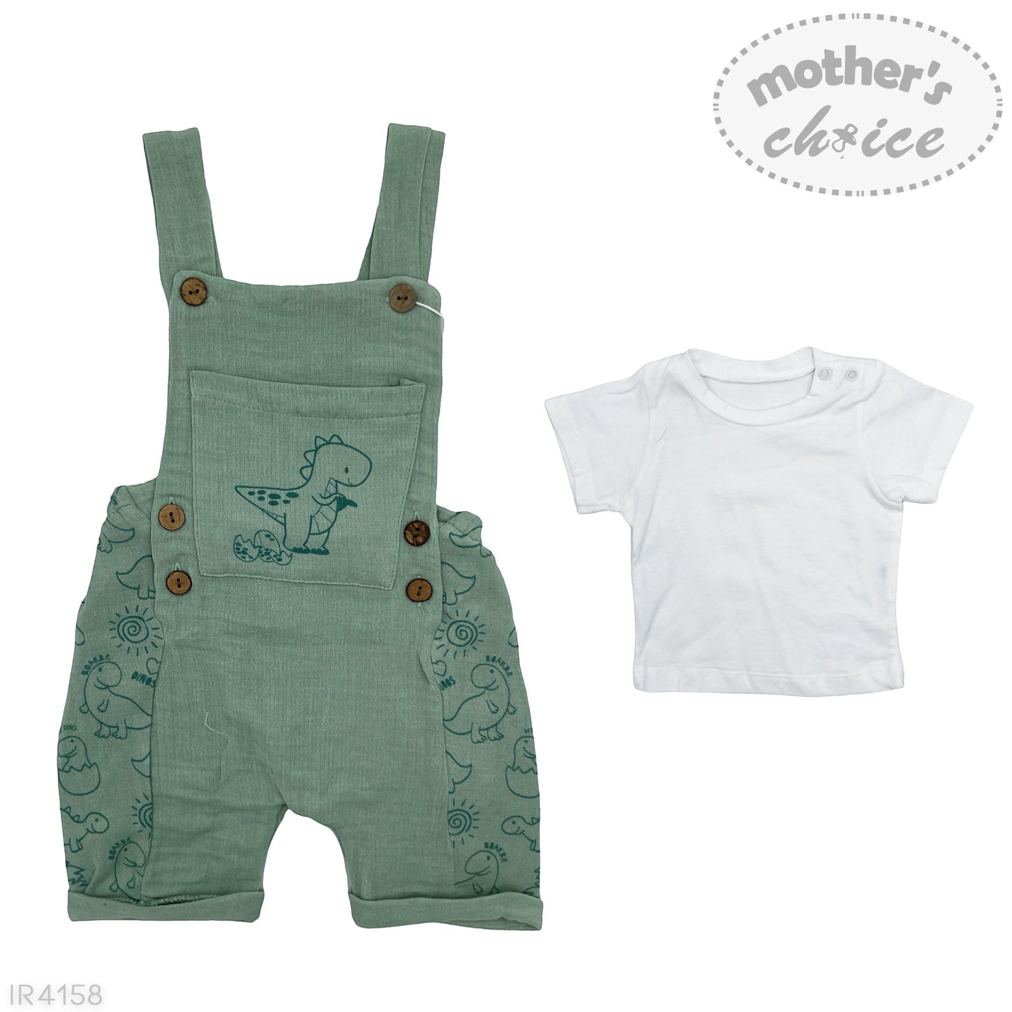 Green children's overalls with dinosaur design and white t-shirt on a light gray background, featuring 'mother's choice' branding.