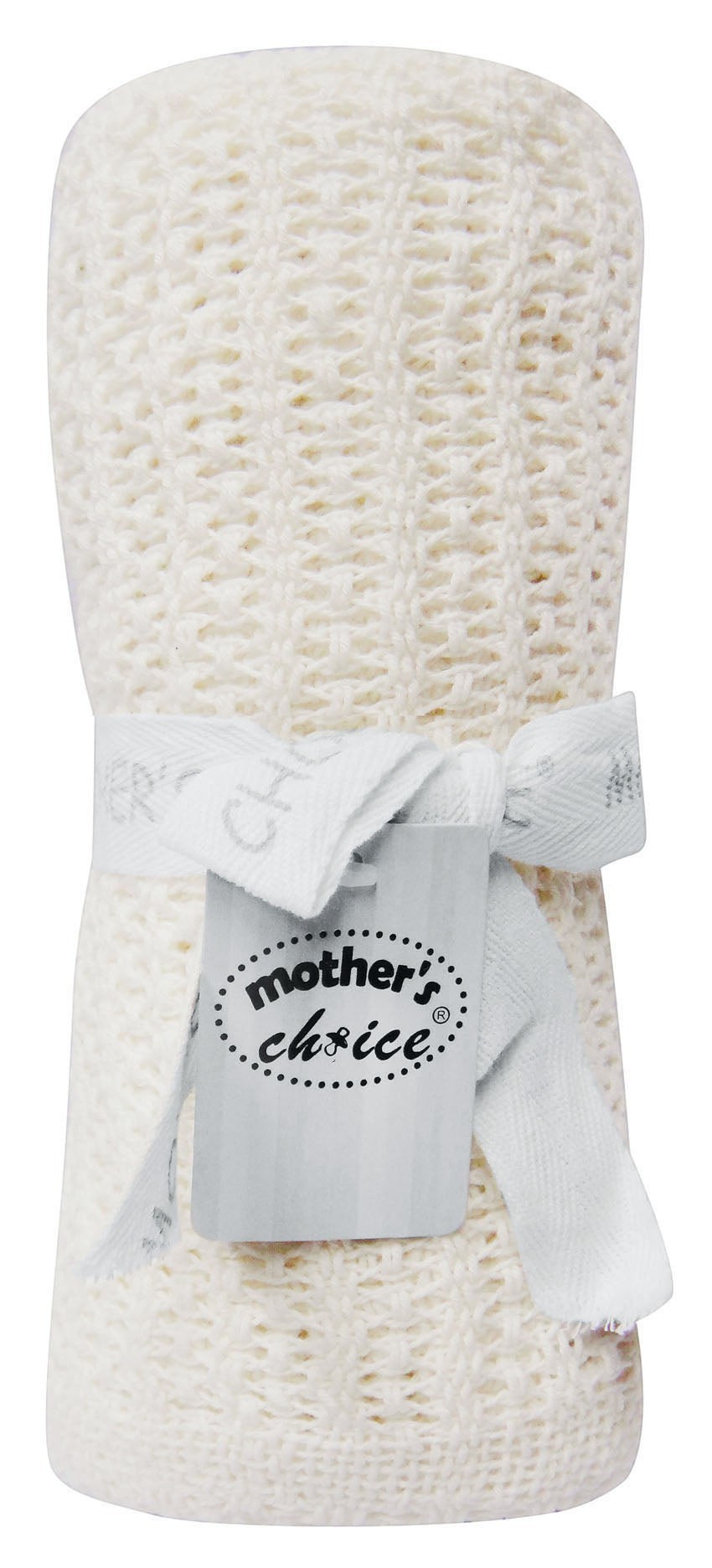 White textured blanket with a 'Mother's Choice' tag on a white background