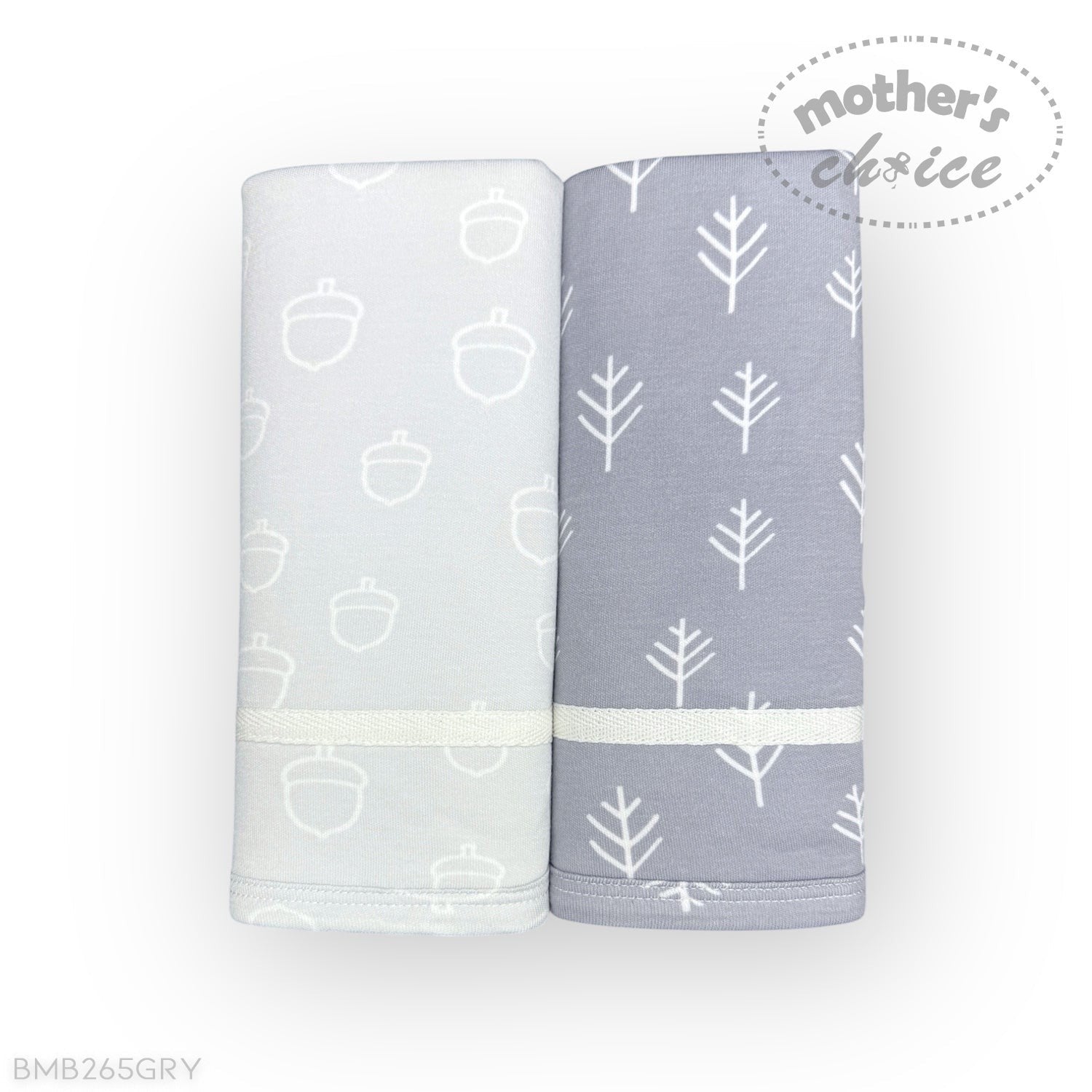 Two baby blankets with acorn and tree pattern on a white background, branded 'Mother's Choice'.