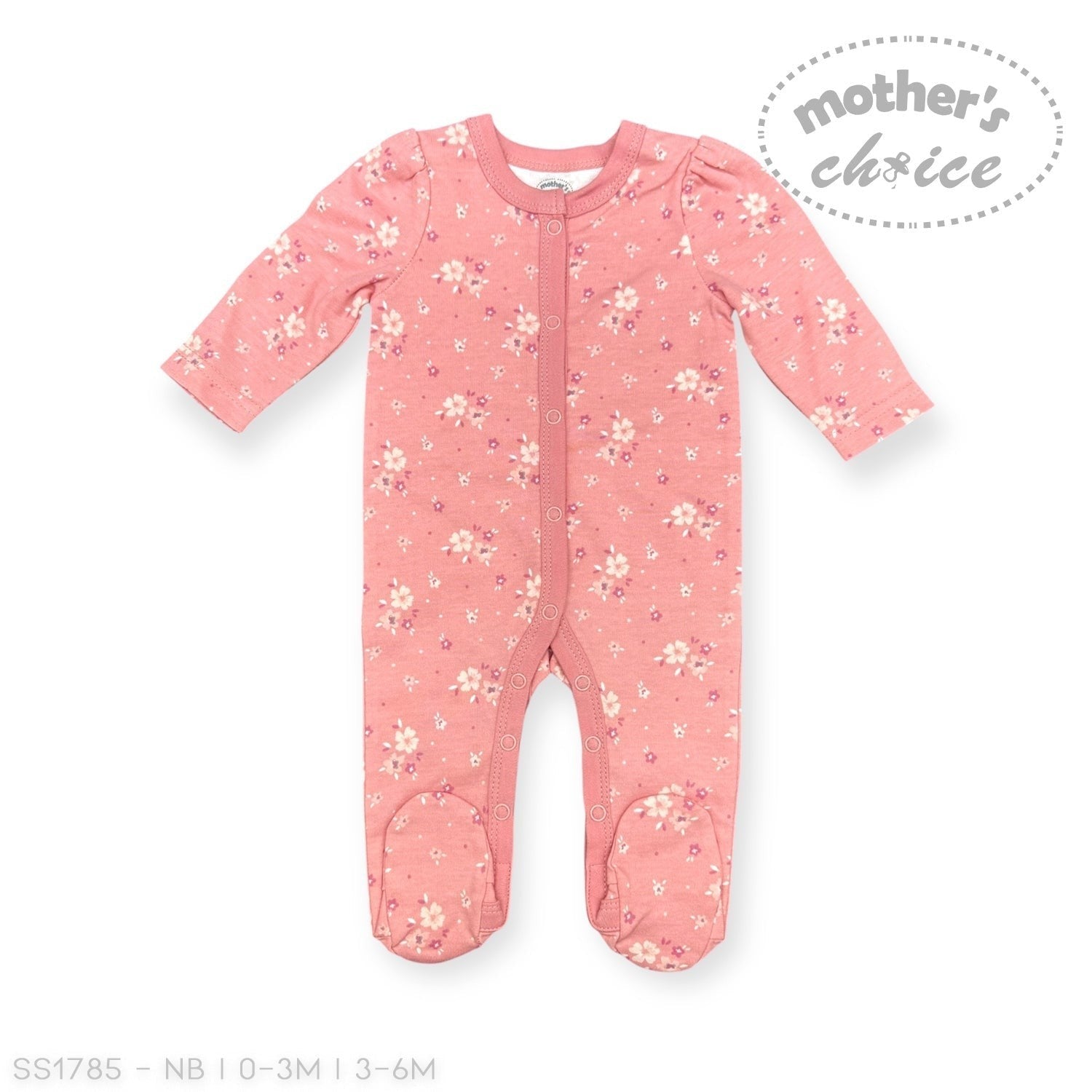 Pink floral baby onesie on a white background with 'Mother's Choice' branding.