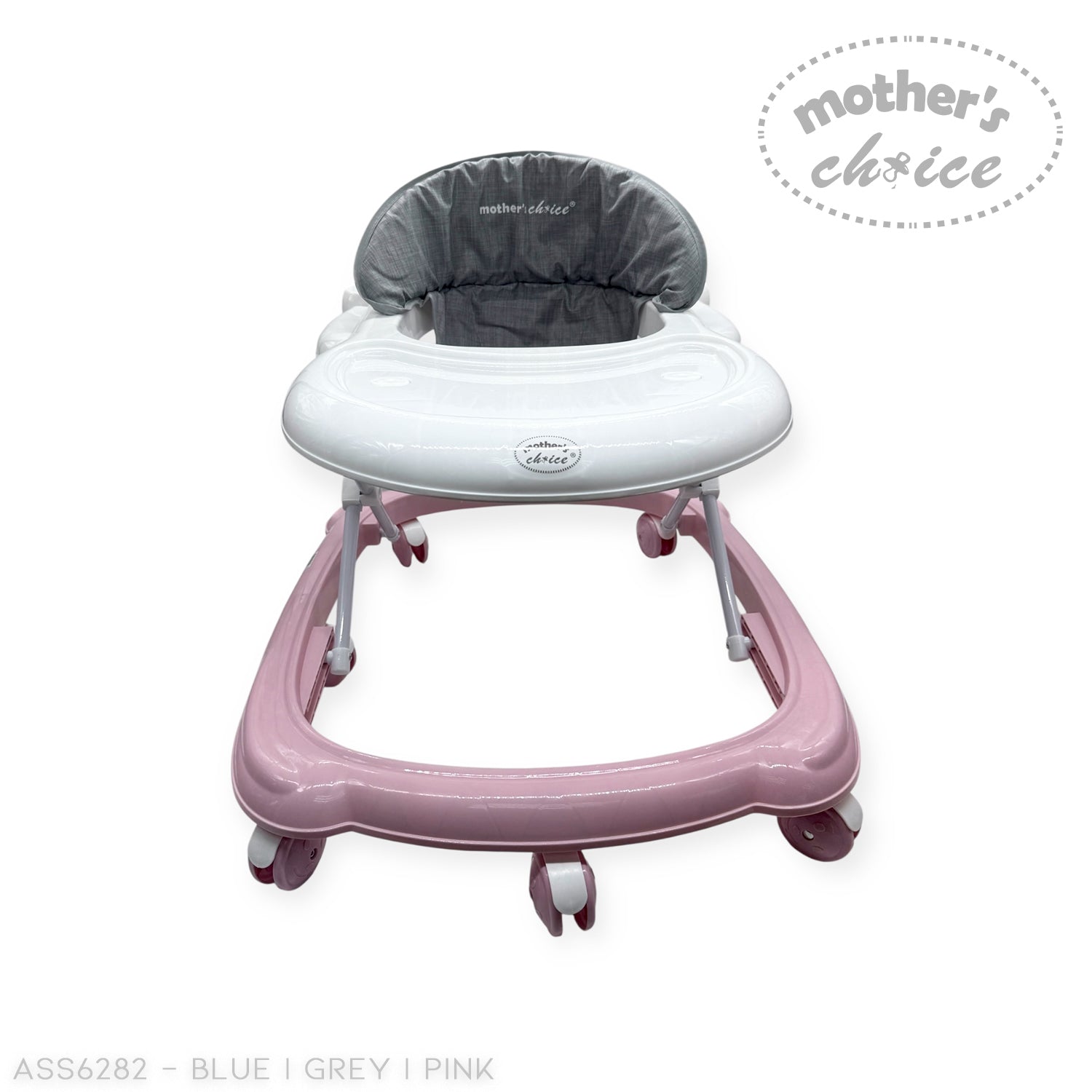 Baby walker with pink base and gray seat on a white background, featuring 'Mother's Choice' branding.