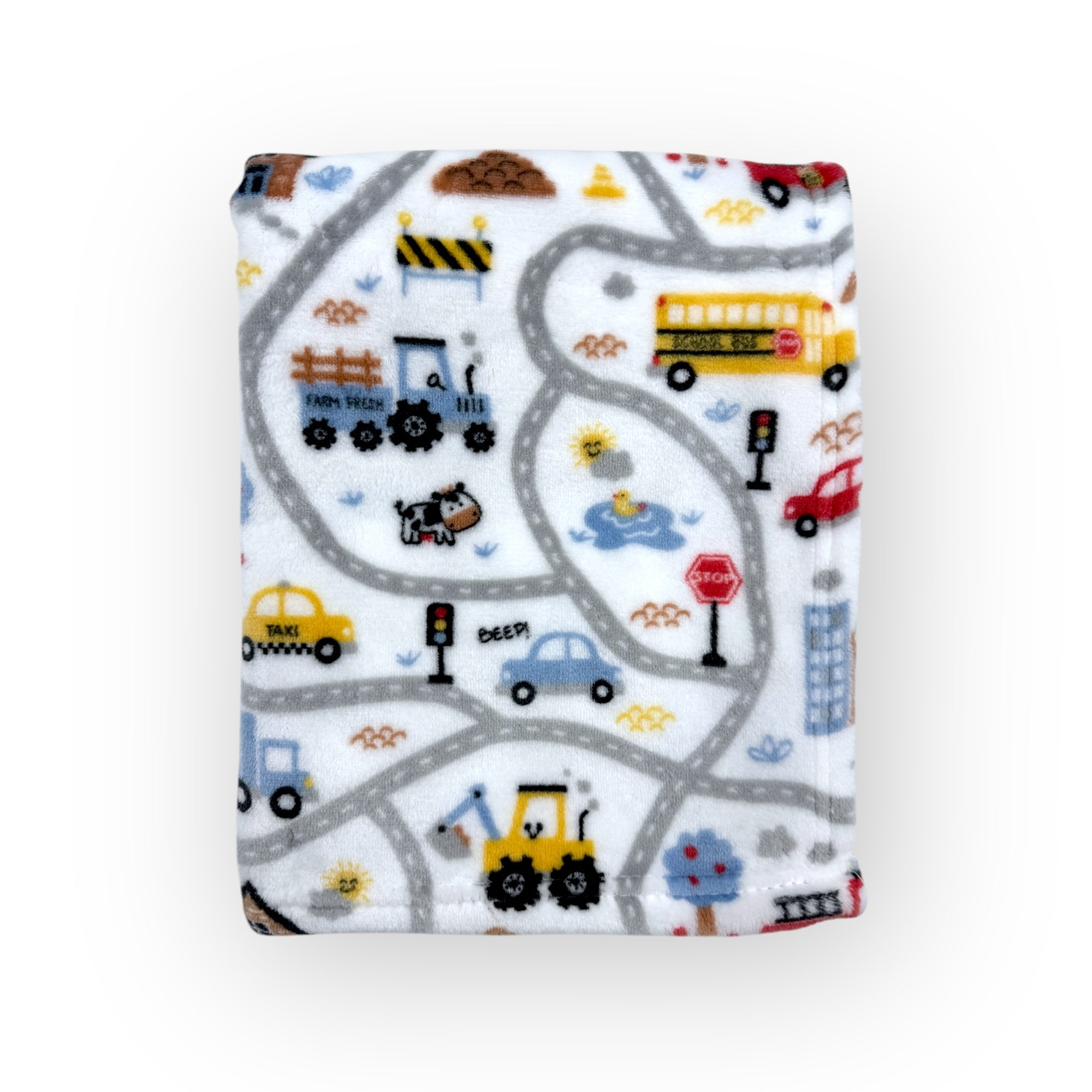 Flannel fabric with road and vehicle pattern on a white background