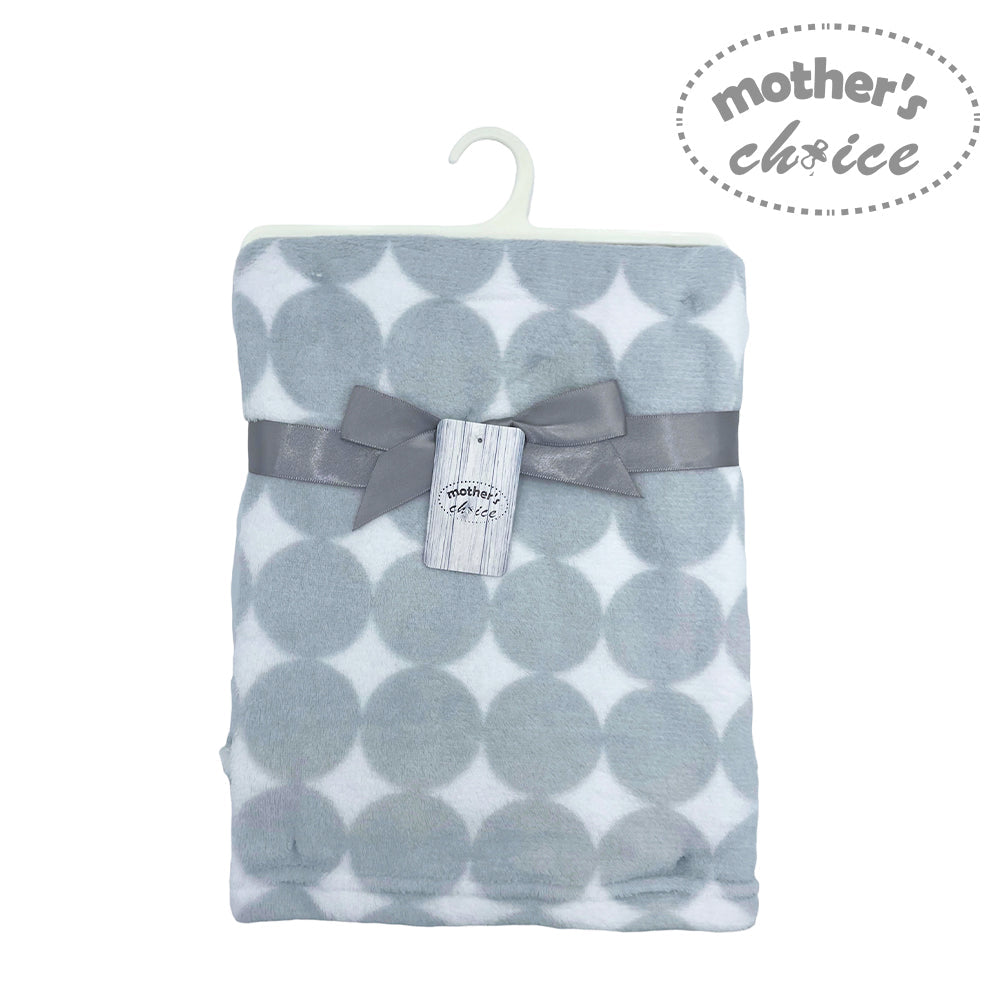 Gray and white patterned blanket with a gray ribbon and tag on a white background, branded 'Mother's Choice'.