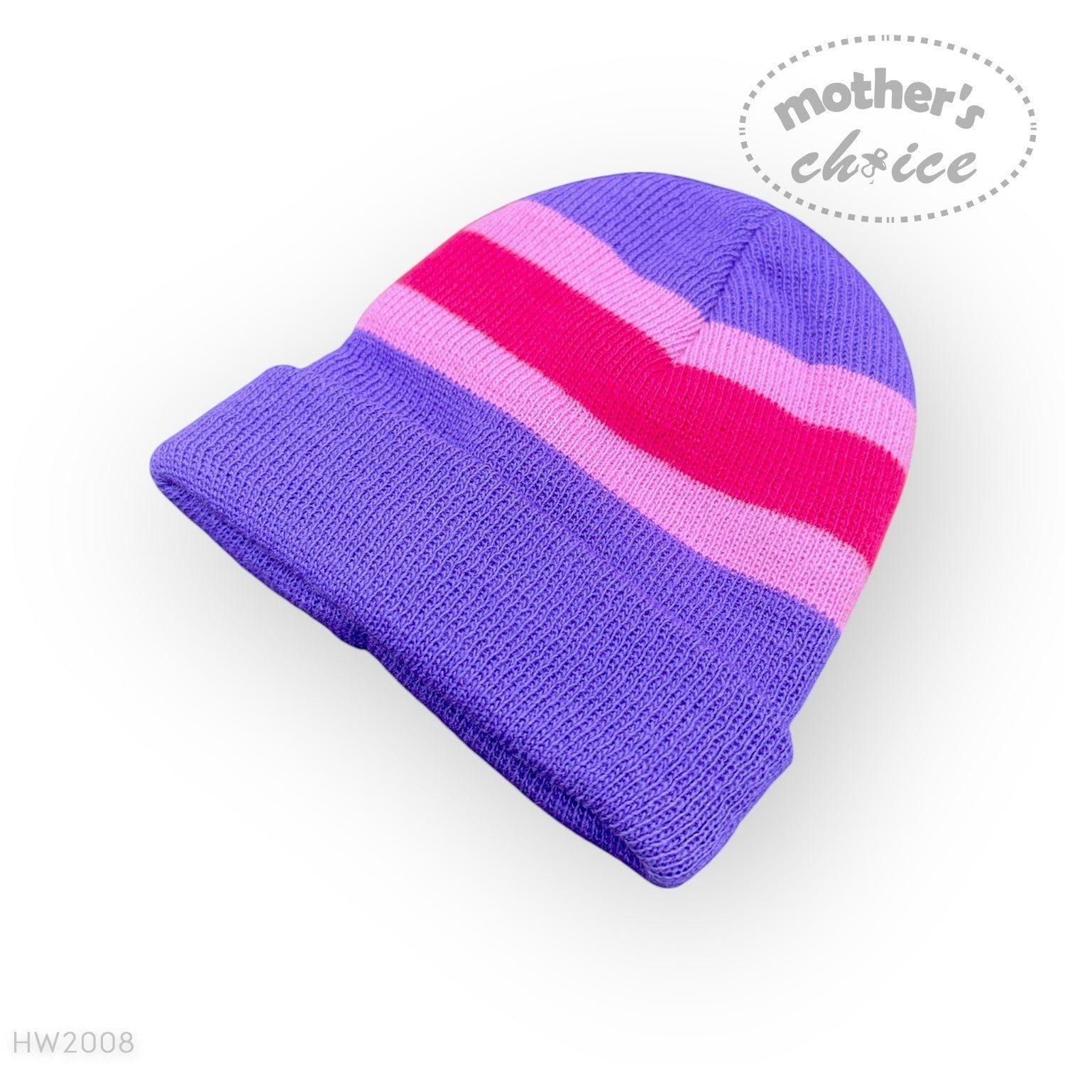 Purple and pink striped beanie on a white background with 'mother's choice' branding.