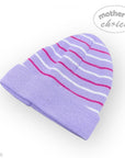 Purple baby hat with pink and white stripes on a white background, featuring 'mother's choice' branding.