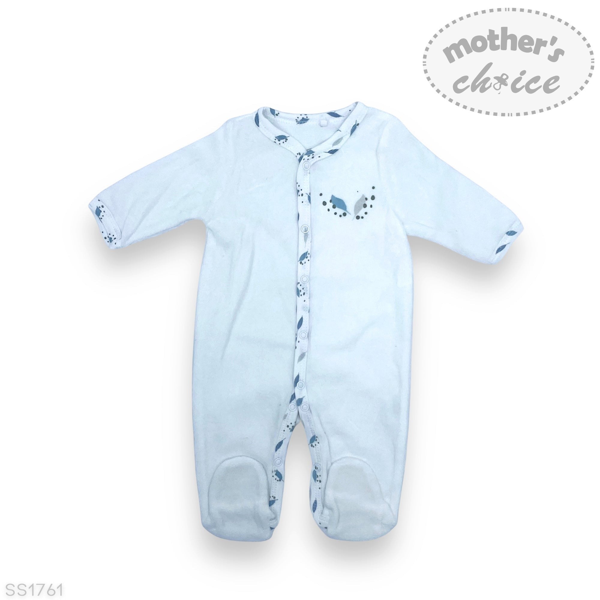 Blue baby onesie with a pattern on a white background, featuring 'Mother's Choice' branding.