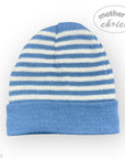 Blue and white striped knit baby hat on a white background with 'Mother's Choice' branding.