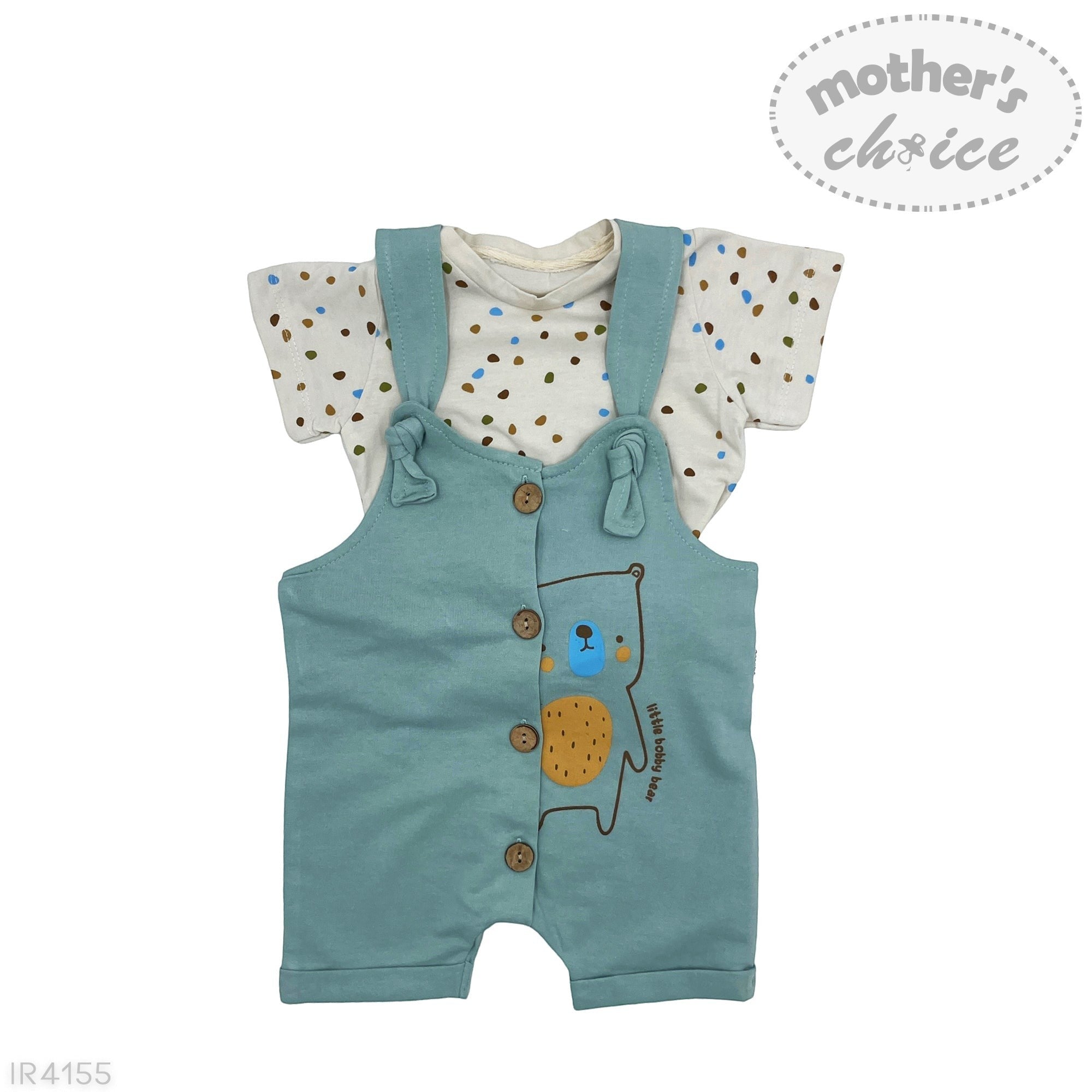 Children's outfit with teal overalls and polka dot shirt on a white background, featuring 'mother's choice' brand.