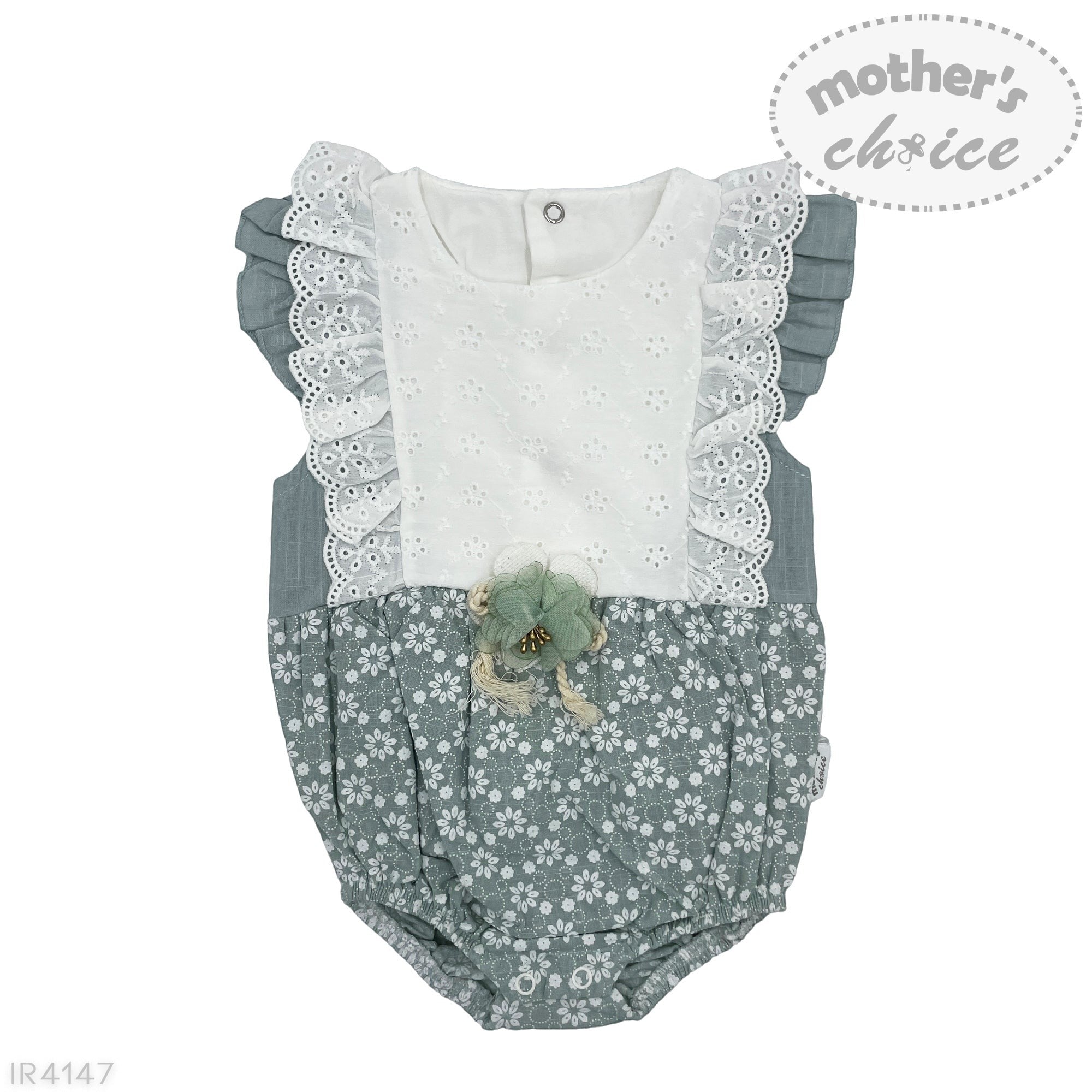 Baby romper with floral pattern and lace details on a white background, featuring 'Mother's Choice' branding.