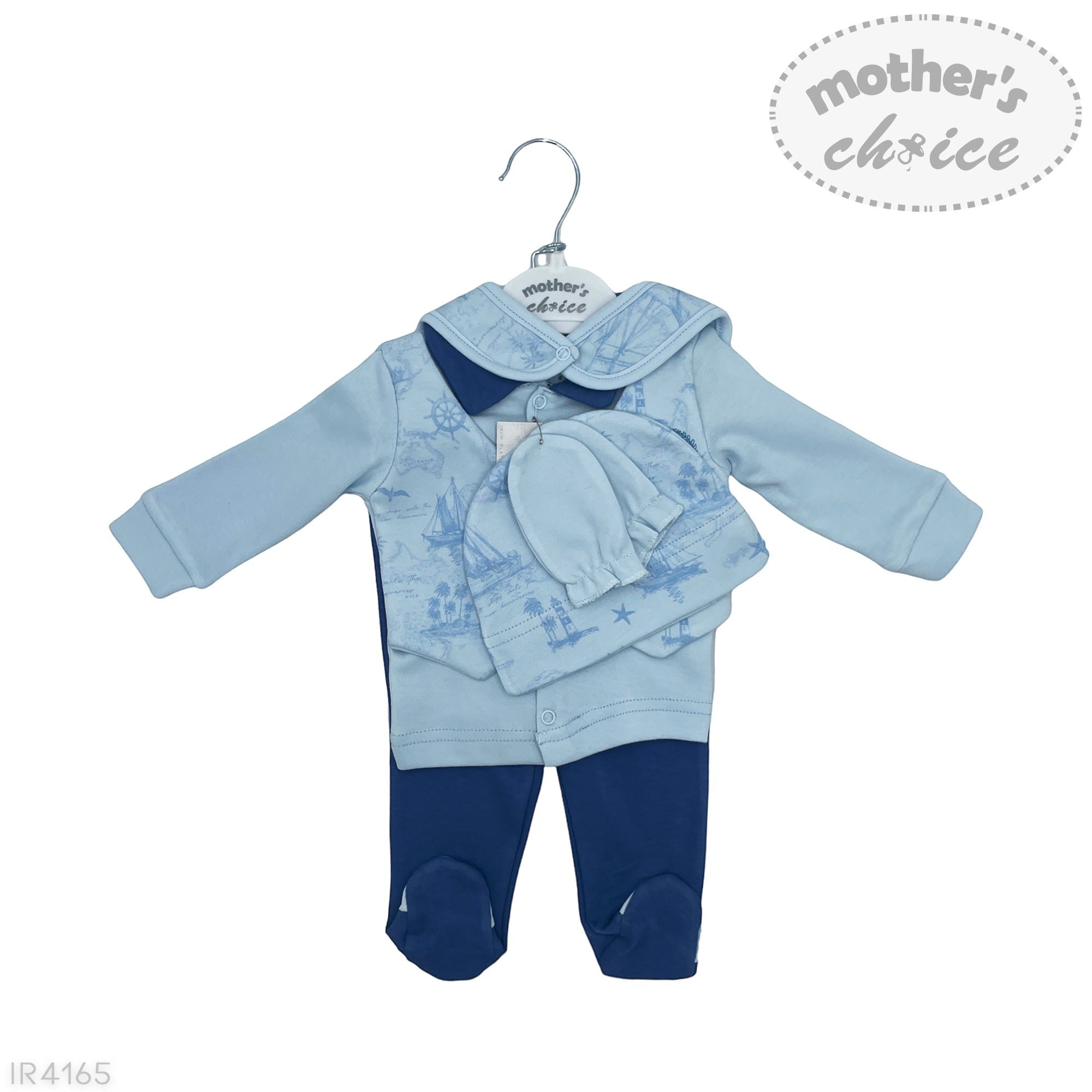 Baby clothing set with coat, hat, and pants on a hanger against a white background.
