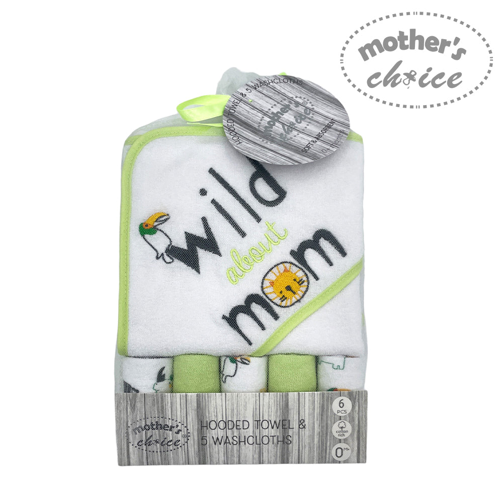 Mothers Choice  Baby Hooded Towel And 5 Piece Facecloth Set - Wild About Mom