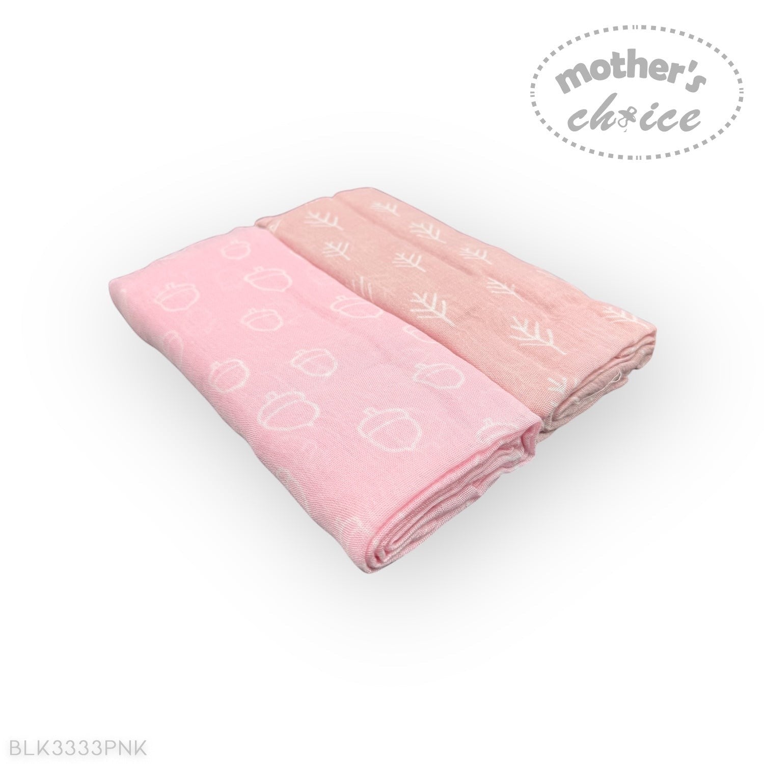 Two pink baby blankets with white patterns on a white background, branded 'Mother's Choice'.