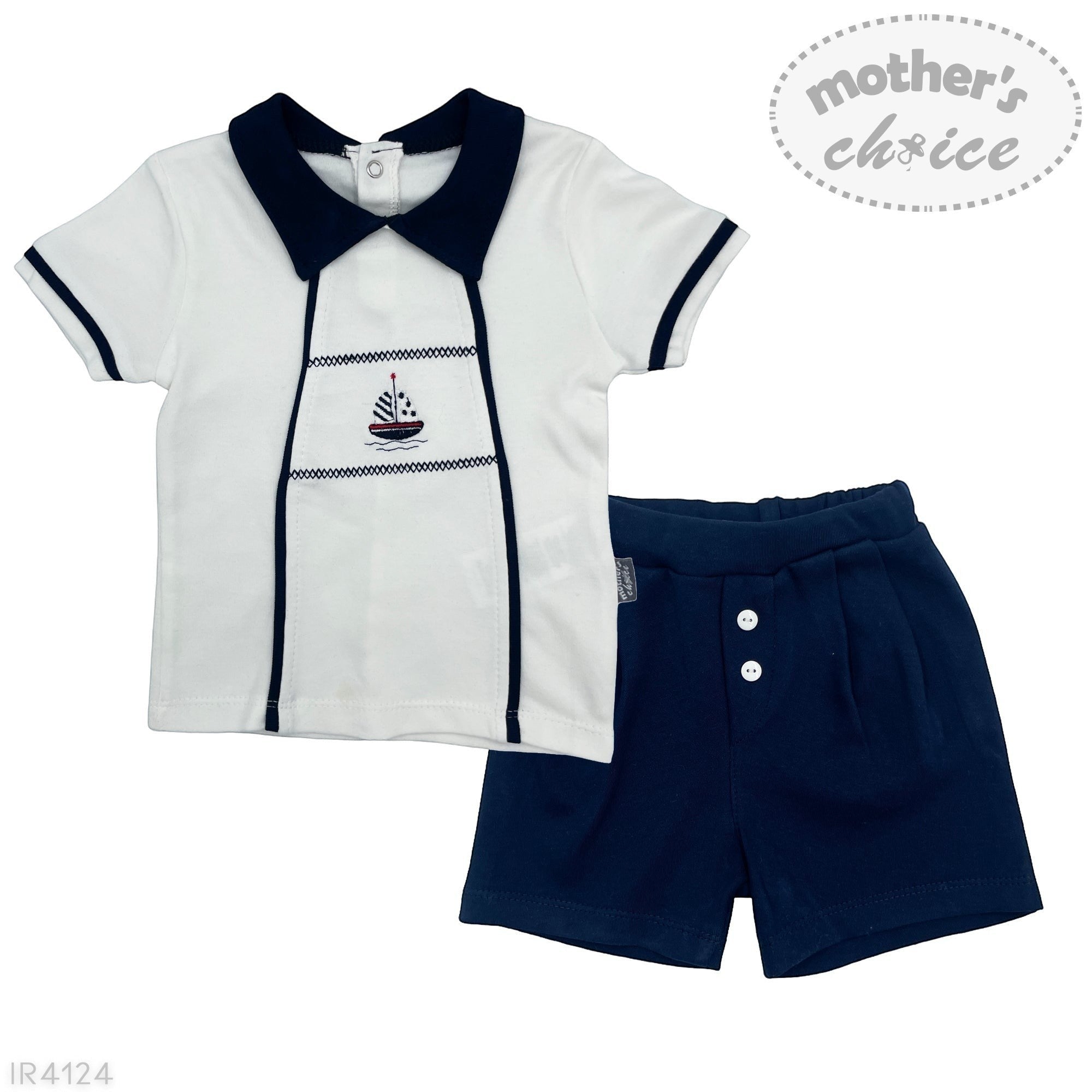 Children's outfit with white shirt and navy shorts on a white background, featuring 'mother's choice' branding.
