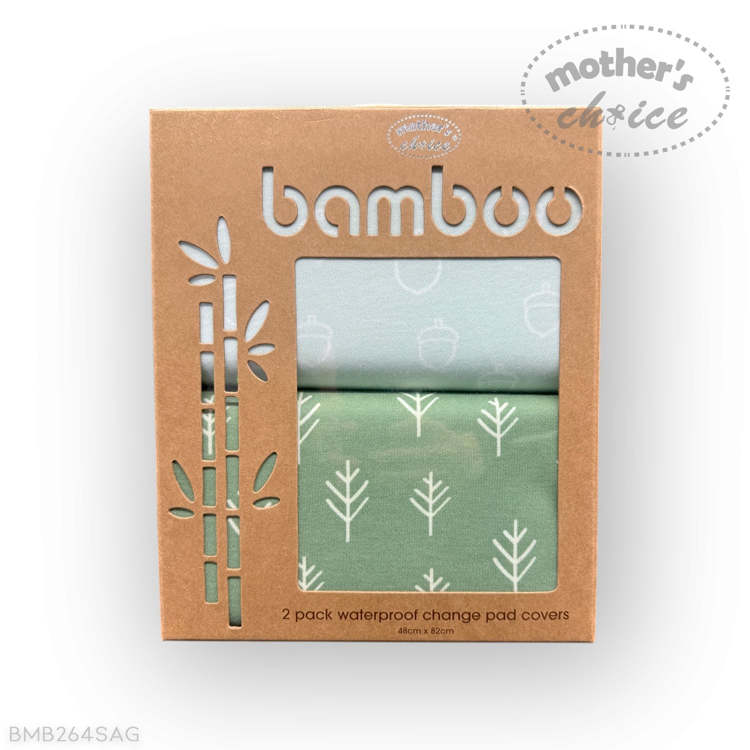 Pack of bamboo waterproof change pad covers with 'Mother's Choice' branding on a white background.