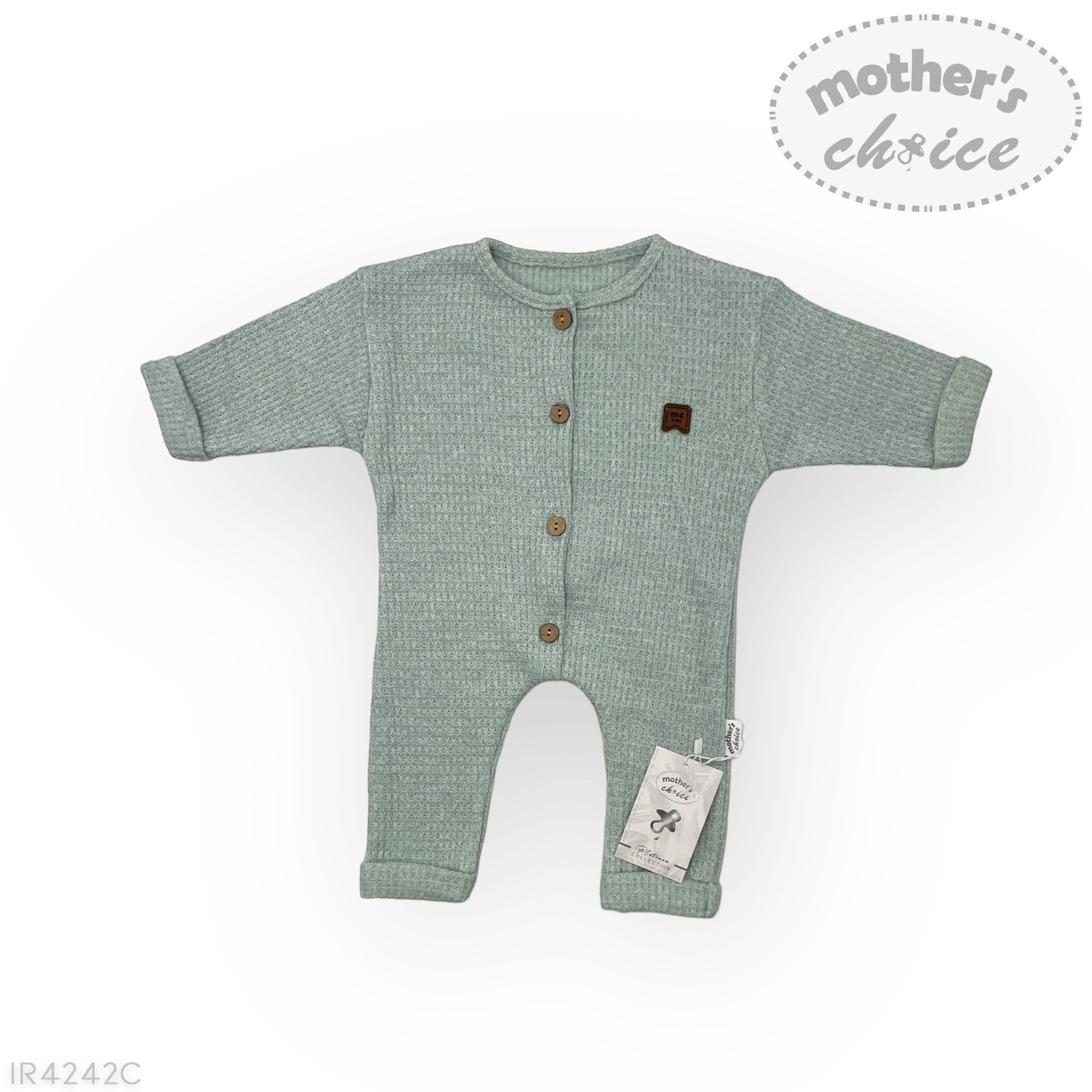 Green baby romper with buttons on a white background, featuring 'mother's choice' branding.