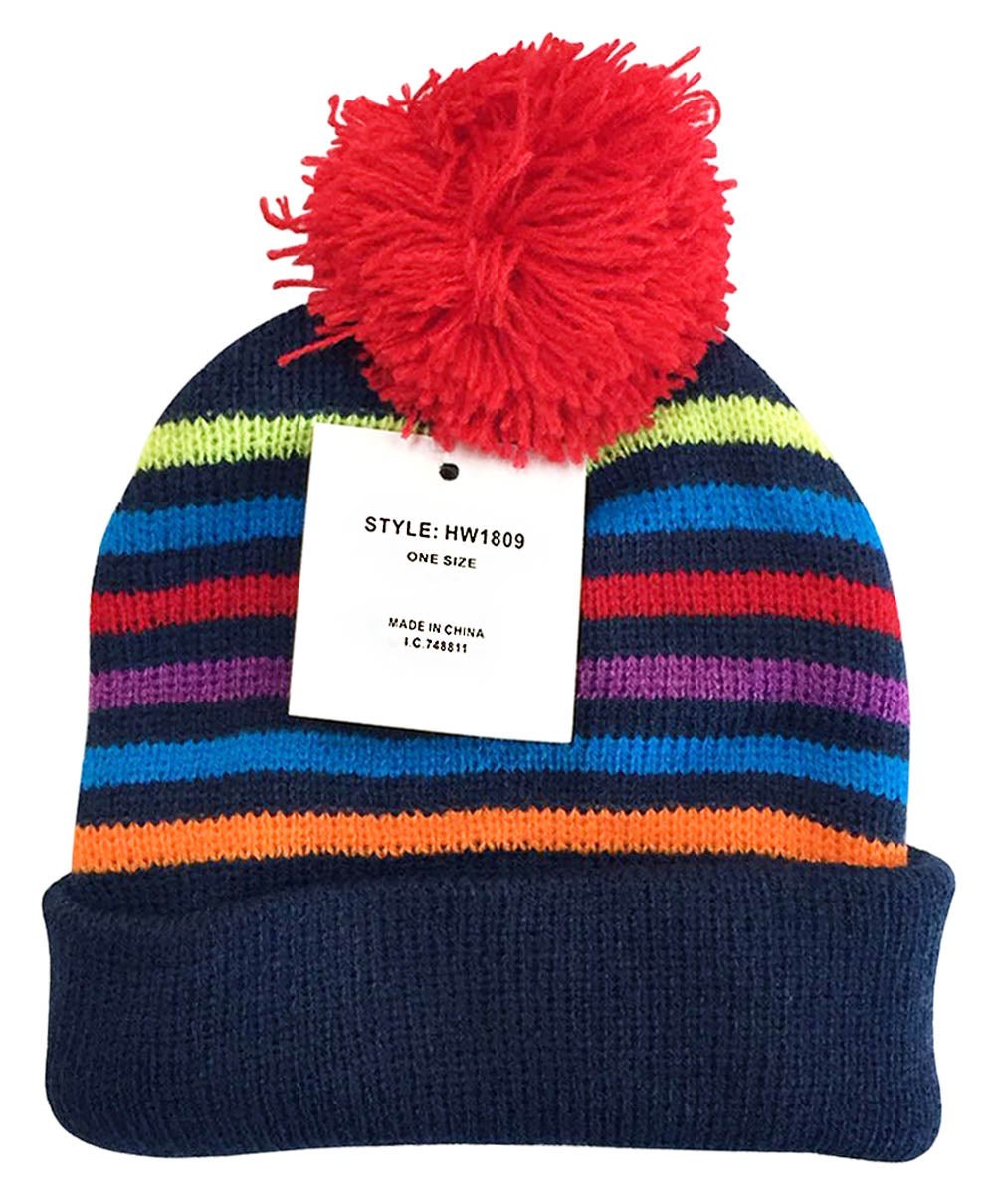 Colorful striped beanie with a red pom-pom on a white background