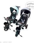 Two baby strollers, one green and one gray, on a white background with 'Mother's Choice' branding.