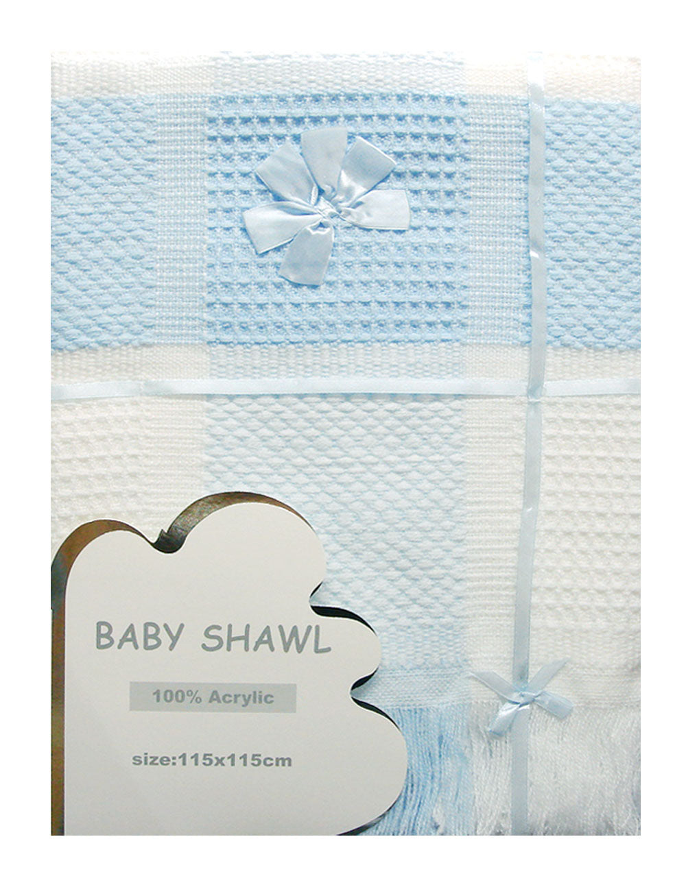 Blue baby shawl with a bow and packaging label on a white background