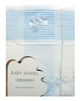Blue baby shawl with a bow and packaging label on a white background