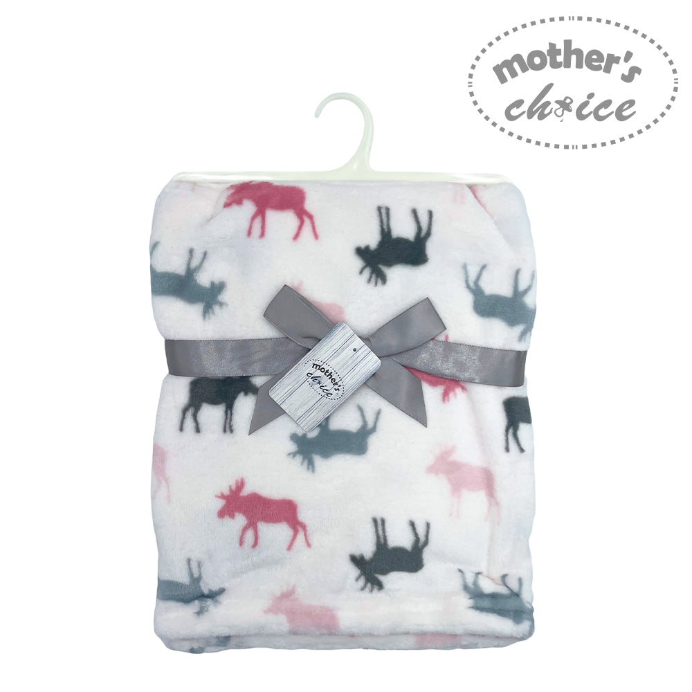 Flannel blanket with moose pattern and 'Mother's Choice' tag on a white background