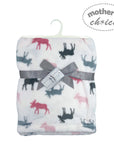 Flannel blanket with moose pattern and 'Mother's Choice' tag on a white background