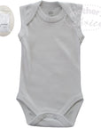 Gray baby onesie with a small tag on a white background