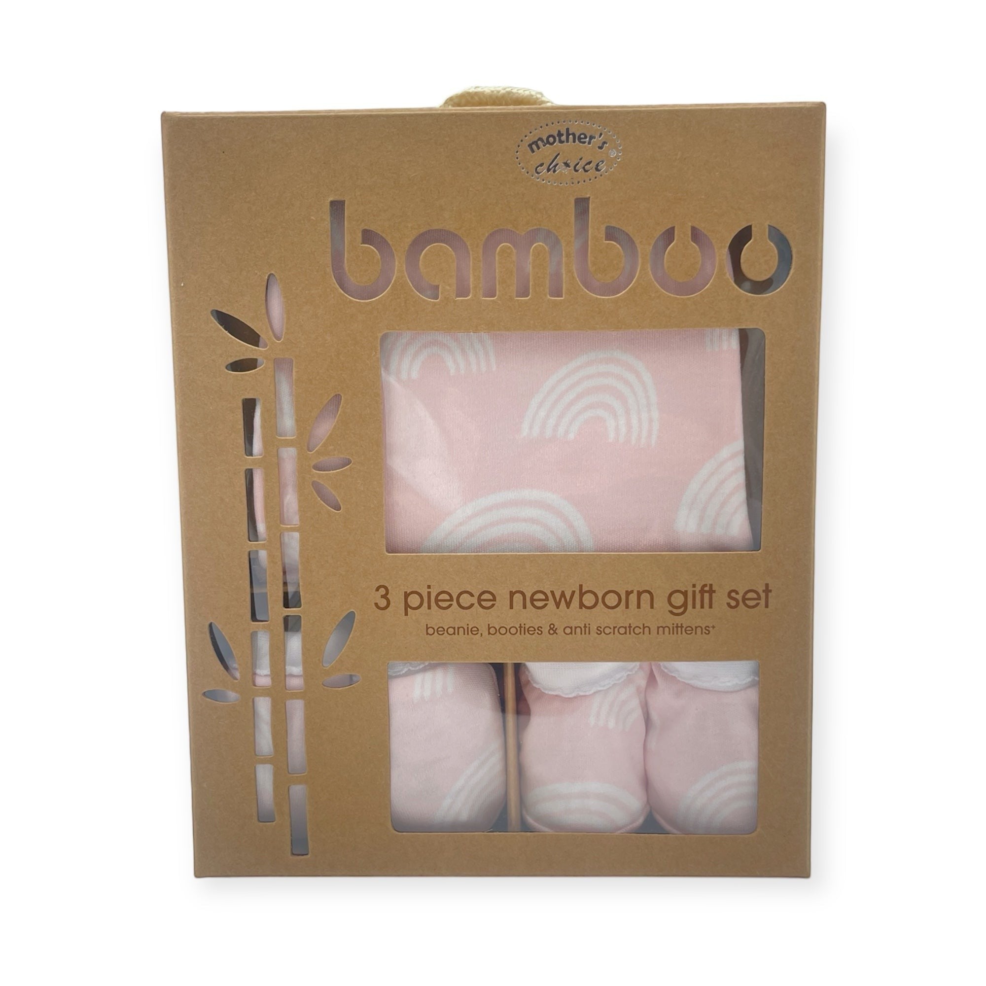 Bamboo 3-piece newborn gift set packaging with pink baby clothes inside