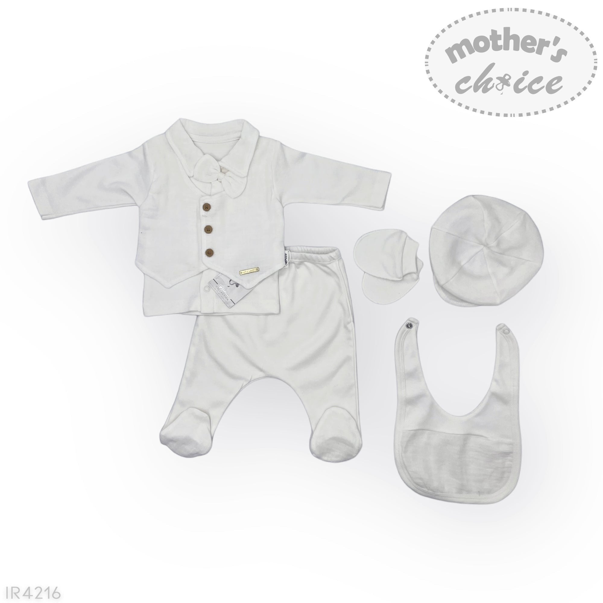 Baby clothing set with shirt, pants, bib, and hat on a white background with 'Mother's Choice' branding.