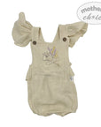 Beige baby romper with floral embroidery on a white background, featuring 'mother's choice' branding.