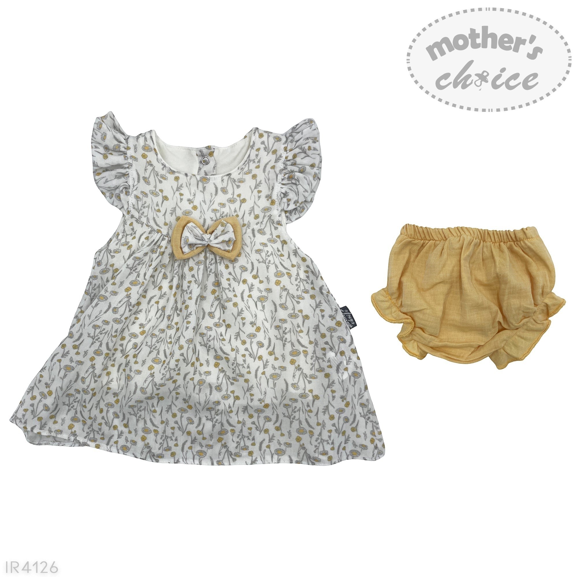 Baby dress with floral pattern and bow, paired with yellow bloomers, on a white background.
