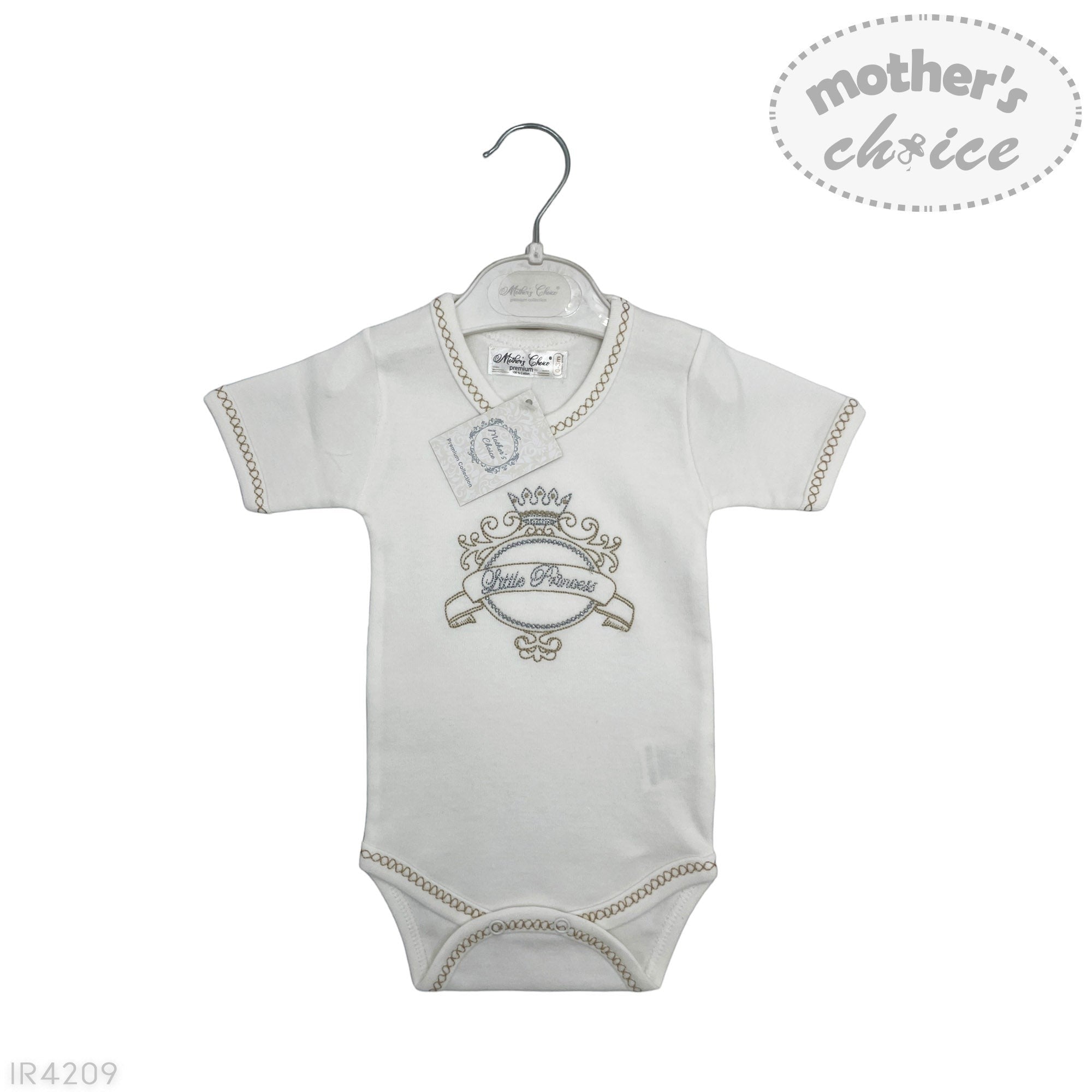 Baby bodysuit with 'Little Princess' text on a hanger against a white background