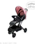 Black and pink stroller with 'Mother's Choice' branding on a white background
