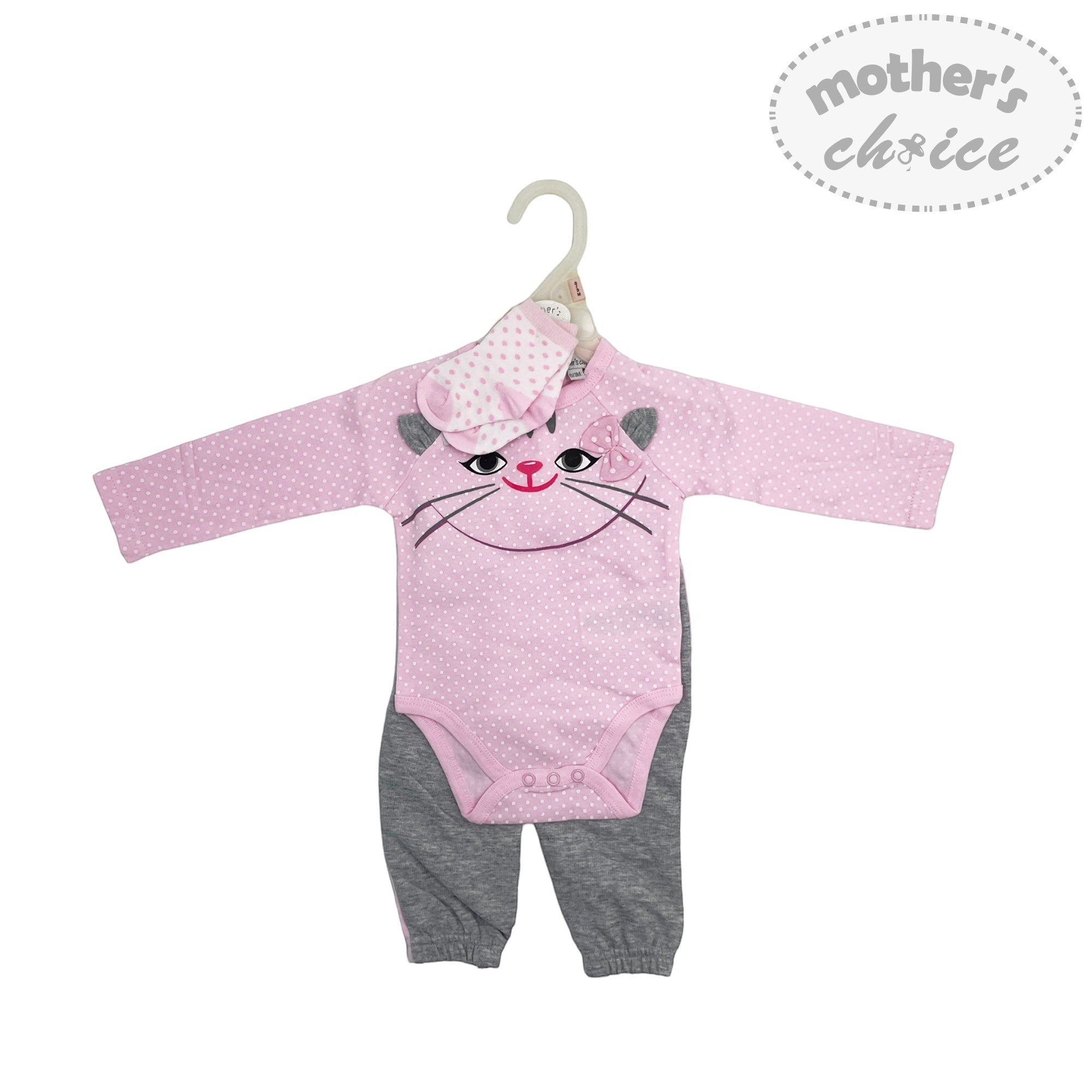 Pink baby outfit with cat design on a hanger, branded 'Mother's Choice'.