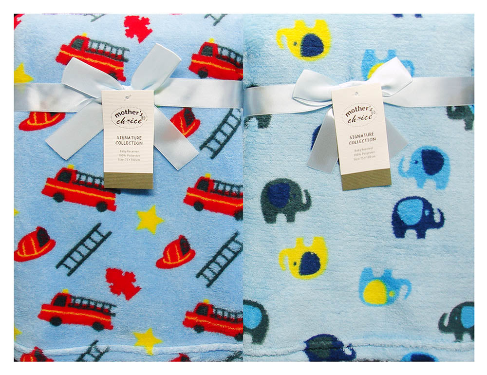 Baby blanket with fire truck, elephant, and star patterns on a blue background.