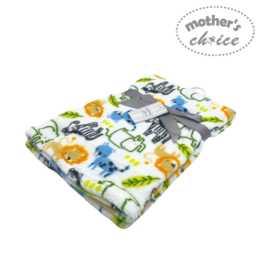 Baby blanket with animal pattern and 'Mother's Choice' label on a white background