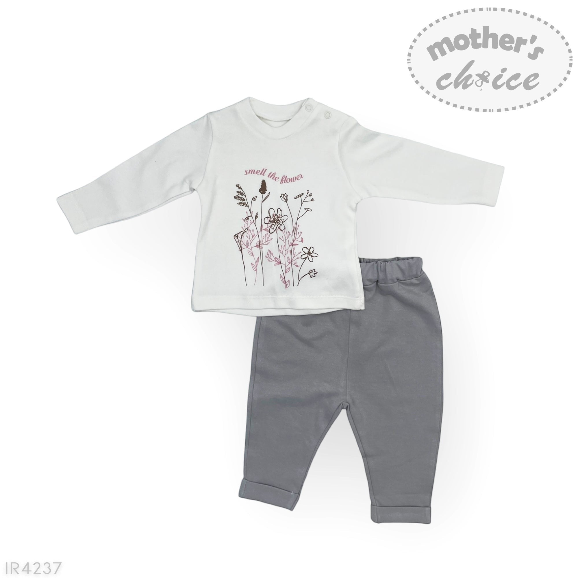 Baby outfit with white long-sleeve shirt and gray pants on a white background, featuring 'mother's choice' branding.