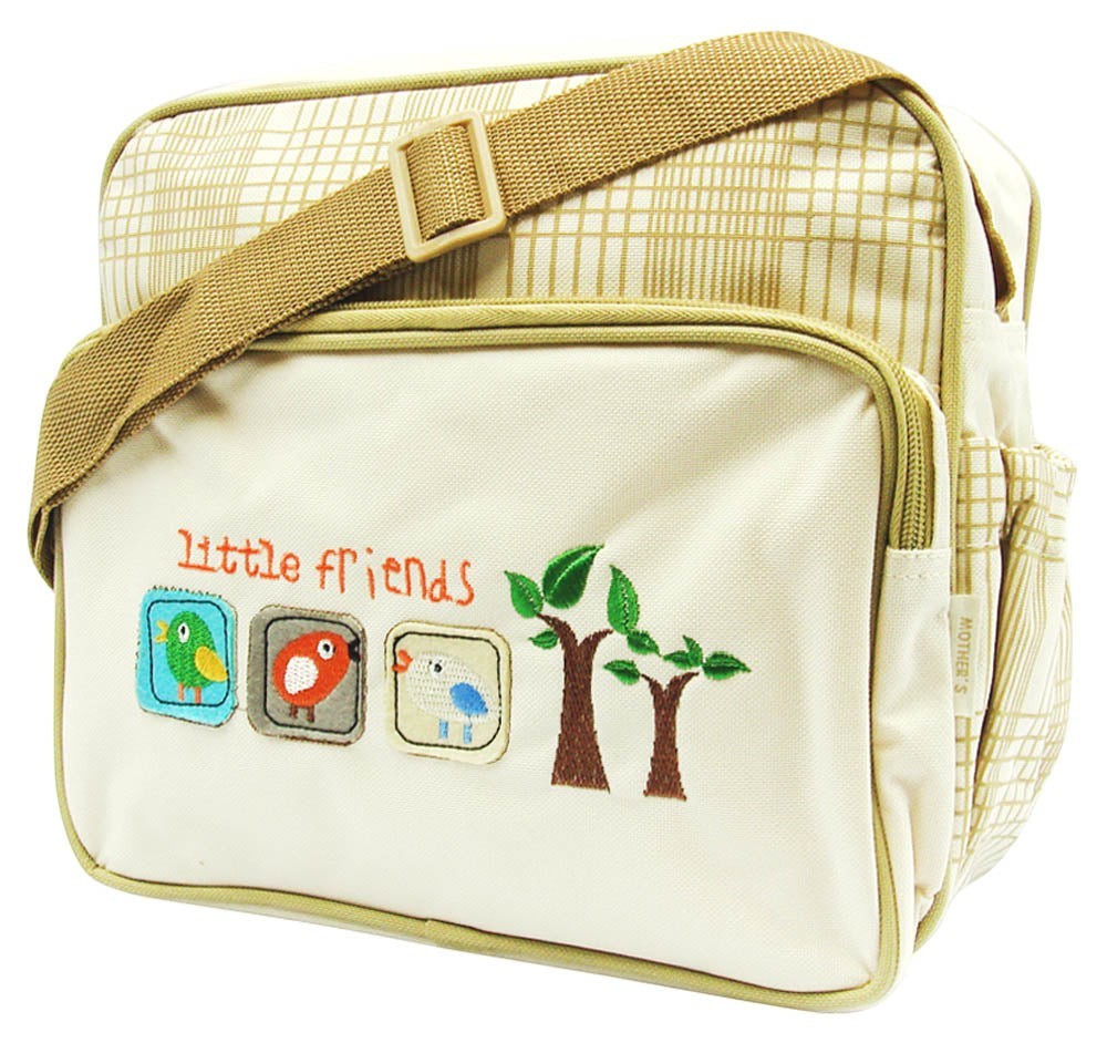 Beige bag with 'little friends' text and nature-themed designs on a white background