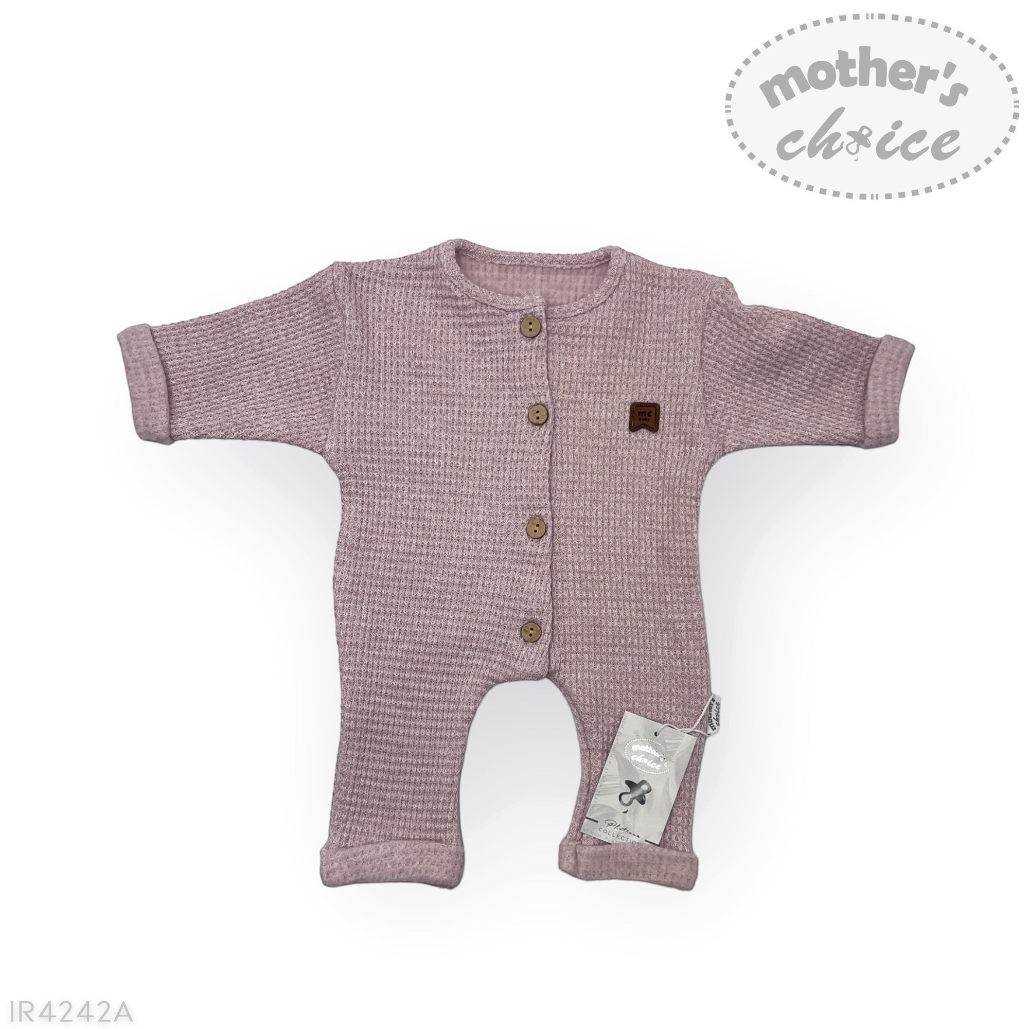 Baby romper with buttons on a white background, featuring 'mother's choice' branding.